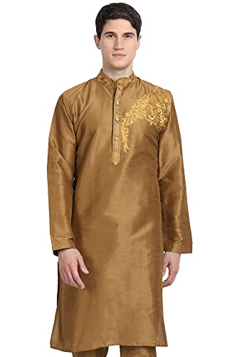 SKAVIJ Hommes Art Soie Kurta Top Indien Mariage Casual Longue Robe Chemise (X-Large, Marron)