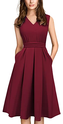 HOMEYEE Femme Vintage 50 sans manches Cocktail Rétro avec poche Robe Flared A196 (XXL, rouge foncé)