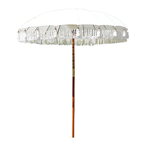Cepewa Parasol Bali | 180cm bois de manguier coton brun blanc | Parasol à franges...