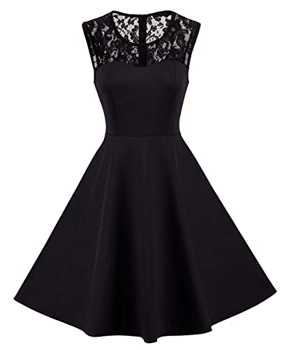 HOMEYEE Femme Elégante Dentelle Col Rond Manches Maille-A-Ligne Robe UKA008 (38, Noir)