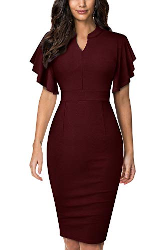 HOMEYEE Femme Elégante Col en V à volants Manches Robe de soirée Stretch B572 (M, rouge foncé)
