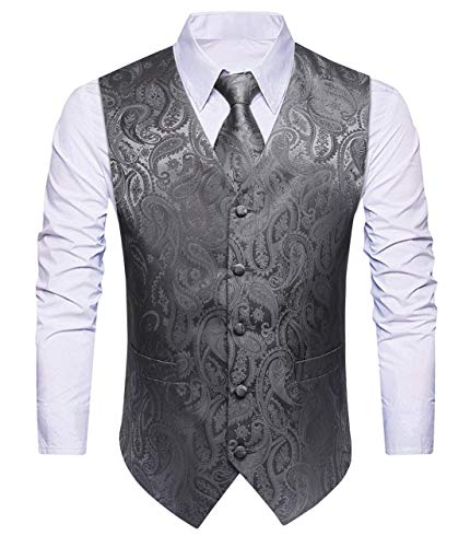 HISDERN Hommes Paisley Gilet de mariage Cravate Mouchoir Mouchoir Jacquard Gilet Ensemble Costume...
