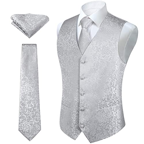 HISDERN gilet de mariage homme fleurs argent-gris gilet cravate pochette mouchoir...