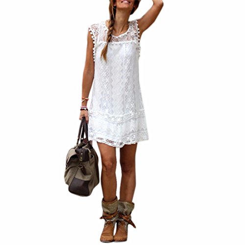 Mini-robe blanche d'été pour femmes en dentelle Robe de soirée sans manches, M, couleur : blanc