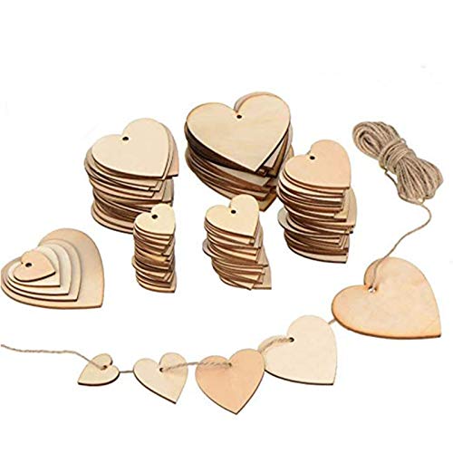ToBeIT coeur disques en bois 100 pièces pendentifs en bois avec 10 mètres de ficelle en jute - cœurs en bois pour...
