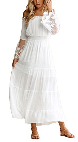 Ufatansy Femme Robe d'été Dentelle Manches Longues Epaules Libres Robe de Plage Blanche Swing Boho...