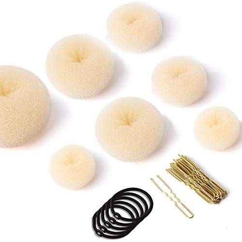 Set Donut Hair Bun Maker 7 pièces - Set d'aide à la coiffure avec 5 élastiques pour cheveux, 20 forme en U...