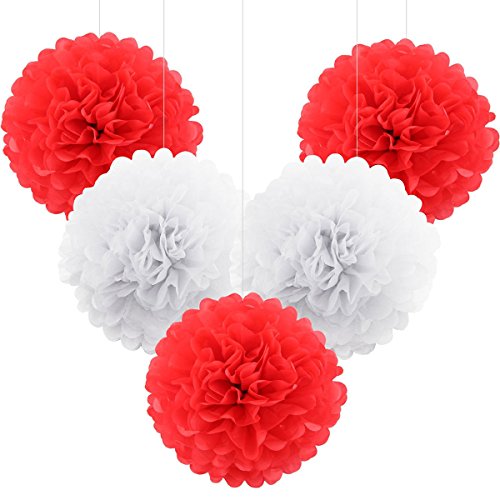 ROSENICE 5 pcs pom-pom déco papier de soie fleurs décoration à suspendre blanc rouge