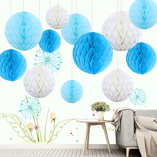 Himeland 12x Ensemble de boules bleues en nid d'abeille, pompon nid d'abeille (boule de papier) kit pour mariage/bébé...