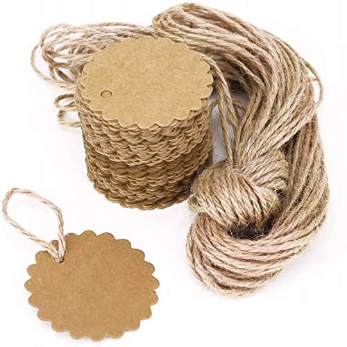 JZK 100 étiquettes cadeau rondes en papier brun + 20m de corde de chanvre jute, petites étiquettes pour cadeau d'invité...