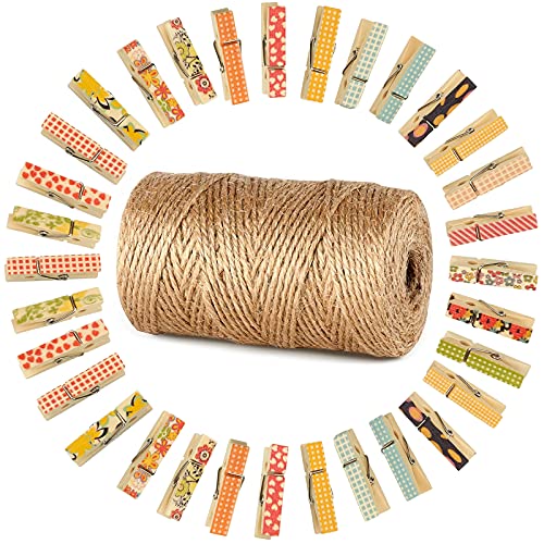 100 pinces à linge en bois avec 100 m de cordelette de jardin, pinces à linge en bois photoclips avec cordelette de bricolage...