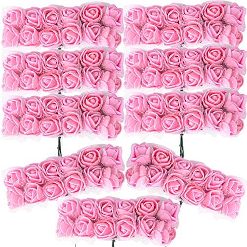 BETESSIN 144 STK. Roses artificielles mini mousse avec tulle rose Décoration florale Mousse avec tige...