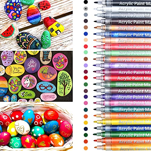 Crayons acryliques pour pierres, 24 couleurs Marqueurs acryliques résistants à l'eau Marqueurs 0.7mm Pointe fine...