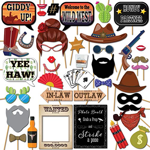 Wild West Cowboy Western Photo Booth kit d'accessoires de fête, 41 pièces avec des bâtons en bois et strike a...