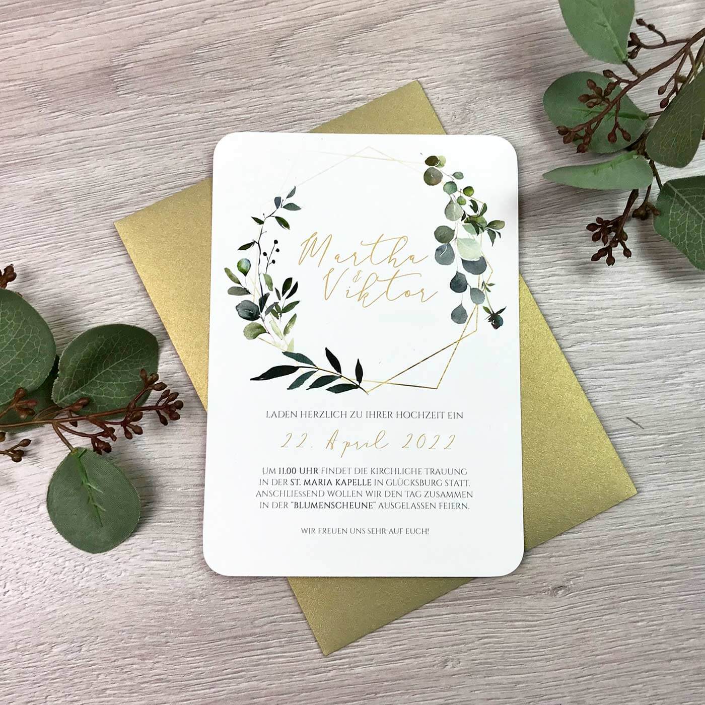 invitation de mariage eucalyptus or