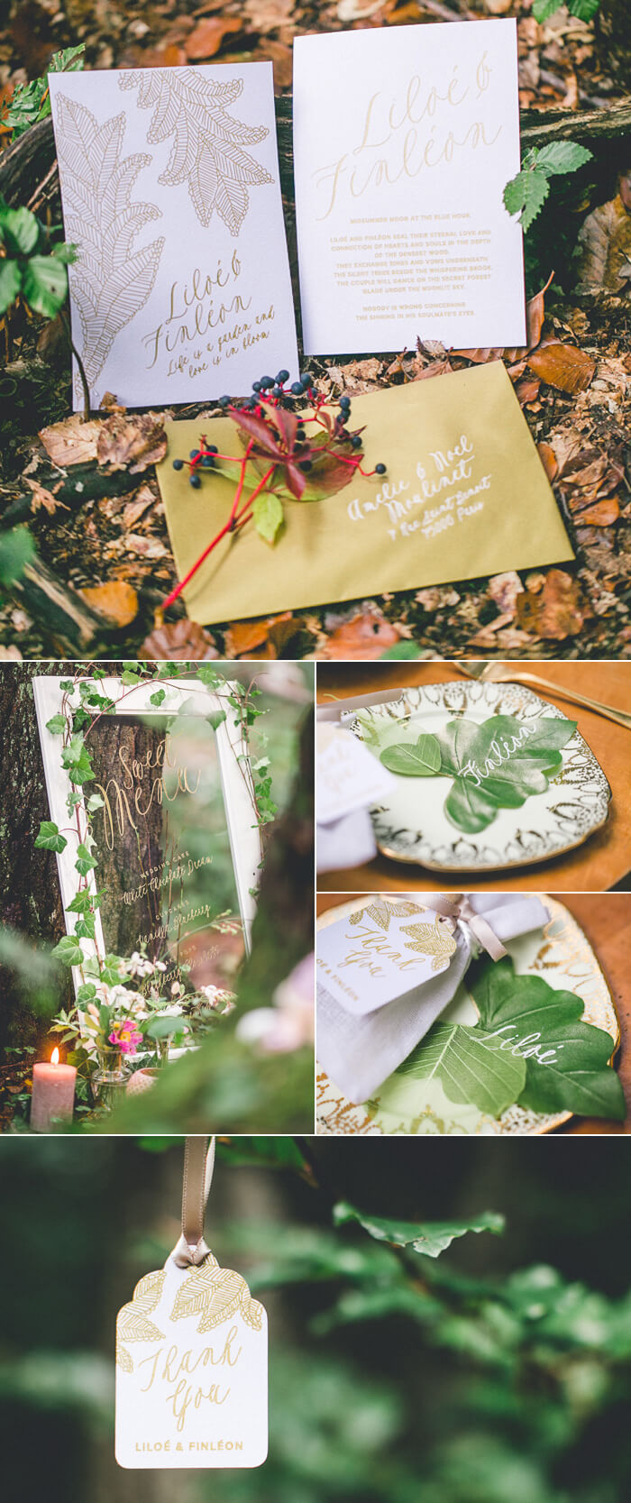 Papeterie de mariage pour un mariage en forêt : faire-part, tableau de menu, cartes nominatives, cadeaux pour les invités